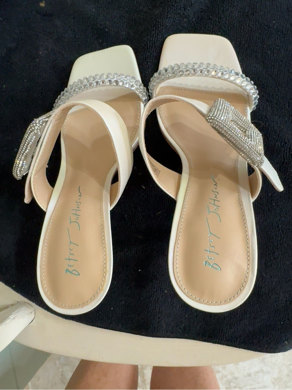 Betsey Johnson Ivory Satin Slide Mules with Crystal Buckles - Picture 5 of 5